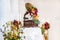 Retro gramophone decorated with fruit at a wedding banquet, decorating a buffet table