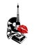 Retro gramophone record player and eiffel tower with kiss mark vector outline