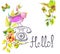 Retro graphic phone and watercolor flowers and text - Hello