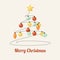 Retro greeting card with decorated christmas tree and balls