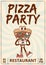 Retro groovy cartoon character fast food Pizza. Poster Pizza Party with vintage mascot psychedelic smile, emotion. Funky
