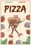 Retro groovy cartoon character fast food Pizza. Poster with vintage mascot psychedelic smile, emotion. Funky vector