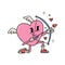 Retro groovy cartoon lovely heart mascot. Valentines Day cute character with bow and arrow. Heart cupid person for