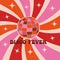 Retro Groovy disco ball in orange, pink, red and brown with sunburst and stars
