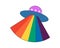 Retro groovy hipster UFO with rainbow rays. Psychedelic hippie flying saucer with iridescent colors beam. Hippy vintage