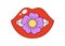 Retro groovy mouth with chamomile between teeth. Hippy glossy red open lips and daisy flower. Funky female lip with