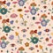 Retro groovy seamless pattern with trippy eyes, flowers, mushrooms 70s background
