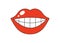 Retro groovy smiling mouth with shiny white teeth. Big plump glossy red opened lips. Funky female lip with lipstick