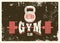 Retro Gym Club or sport fitness center typographic vintage grunge poster, emblem, logo design with barbell and kettlebell. Retro v