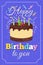 Retro happy birthday party vector greeting card with cartoon cake and burned candles