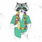 Retro Hipster animal raccoon with tropic cocktail