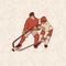 Retro hockey player and seamless pattern background. Vintage sportsmans motion with hockey stick. Vector outline