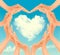 Retro Holiday background with hands making a heart and cloud.