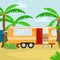 Retro house on wheels for traveling. Car travel in the tropics. Vector flat illustration. Motorhome