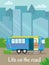 Retro house on wheels for traveling. Car travel. Vector flat illustration. Motorhome in the city.