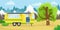 Retro house on wheels for traveling. Car travel. Vector flat illustration. Motorhome in the mountains