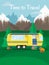 Retro house on wheels for traveling. Car travel. Vector flat illustration. Motorhome in the mountains. Time to travel