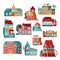 Retro houses and cottages facade icons set of flat vector illustrations isolated on white.