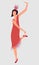 Retro illustration. The dark-haired girl of 1920s in a red dress, dancing an incendiary dance