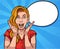 Retro illustration of excited woman screaming with a speech balloon
