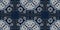 Retro indigo floral bandana 2 tone patterned fabric border background. Seamless boho denim blue banner edge design