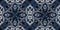 Retro indigo floral bandana 2 tone patterned fabric border background. Seamless boho denim blue banner edge design