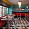 A retro-inspired 1950s diner kitchen with chrome accents, vinyl booths, and checkered flooring1