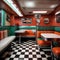 A retro-inspired 1950s diner kitchen with chrome accents, vinyl booths, and checkered flooring2