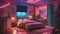 A retro-inspired bedroom with neon lights evoking a nostalgic