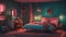 A retro-inspired bedroom with neon lights evoking a nostalgic