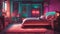 A retro-inspired bedroom with neon lights reminiscent of the