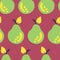 Retro inspired green pears seamless vector pattern on a dark pink background. Great for fabric, paper, packaging, home decor,