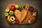 Retro-inspired healthy eating, food on vintage boards heart, cholesterol diet