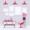 Retro interior with red lamps, frames for copyspace and mockup