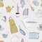 Retro kitchen menu seamless pattern. Home food doodle sketch. Receipe elements, restaurant vector background