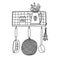 Retro kitchen shelf with utensils, outline vector illustration