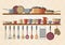 Retro kitchen shelves and cooking utensils