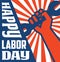 Retro labor day poster banner design with strong worker fist