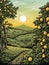 Retro landscape with Antique countryside scene featuring carved mangoes in woodcut style,