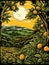 Retro landscape with Antique countryside scene featuring carved mangoes in woodcut style,