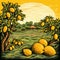 Retro landscape with Antique countryside scene featuring carved mangoes in woodcut style,