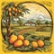 Retro landscape with Antique countryside scene featuring carved mangoes in woodcut style,