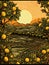 Retro landscape with Antique countryside scene featuring carved mangoes in woodcut style,