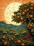 Retro landscape with Antique countryside scene featuring carved mangoes in woodcut style,