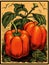 Retro landscape with carved bell peppers in woodcut style, Vector illustration with clipping mask