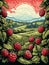 Retro landscape with carved raspberries in woodcut style, Vector illustration with clipping mask