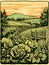 Retro landscape with spinach garden in woodcut style