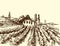 Retro landscapes vector illustration farm house agriculture graphic countryside scenic antique drawing.