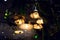 Retro lanterns with round lights and an edison lamp with a warm glow.