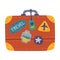 Retro Leather Suitcase with Travel Stickers, Travel and Vacation Accessory Cartoon Style Vector Illustration